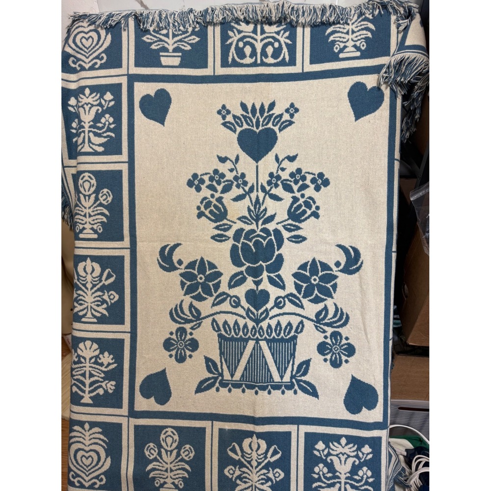 Vintage Blue Cream Folk Art Floral Heart Woven Tapestry Throw Blanket Spain